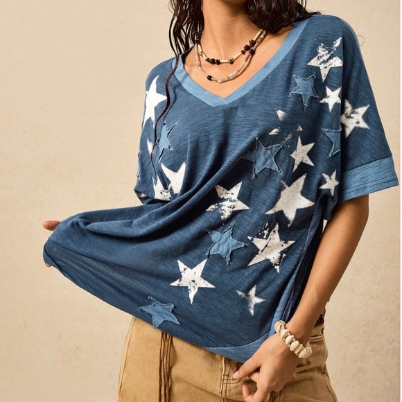 Blue Color Block Faded Star Print patch Loose Fit Top - Picture 1 of 7
